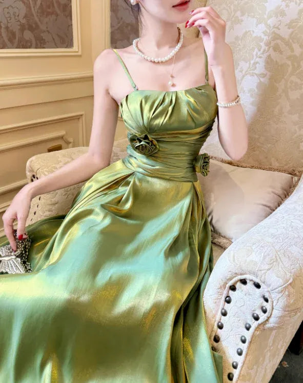 Olive Green Satin Rose Applique Spaghetti Strap Maxi Dress