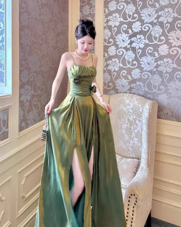 Olive Green Satin Rose Applique Spaghetti Strap Maxi Dress