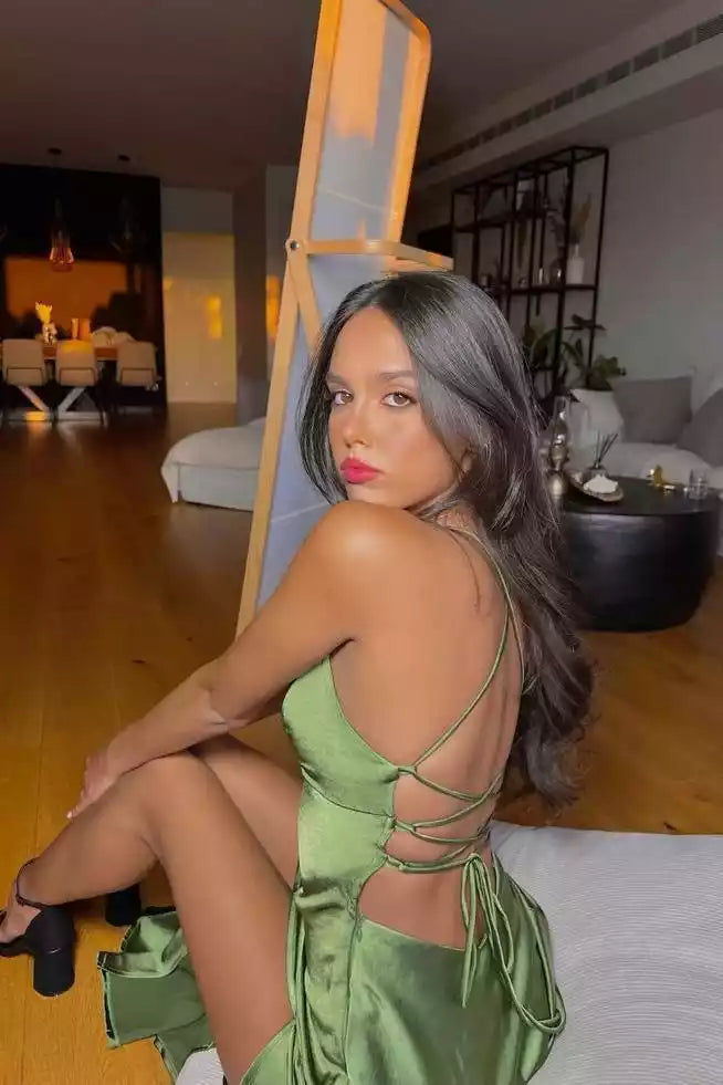 Olive Green Satin Spaghetti-Strap High-Slit Gown – Sleek & Alluring Evening Party Dress
