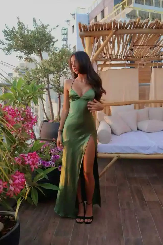 Olive Green Satin Spaghetti-Strap High-Slit Gown – Sleek & Alluring Evening Party Dress