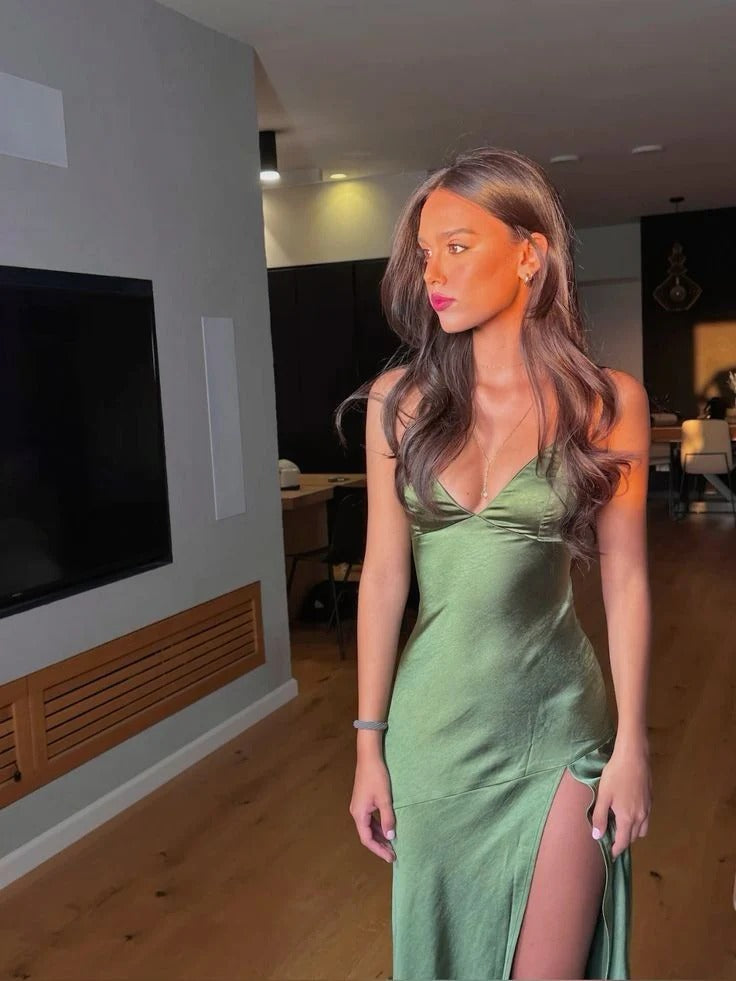 Olive Green Satin Spaghetti Strap High Slit Maxi Dress – Vacation Party Gown