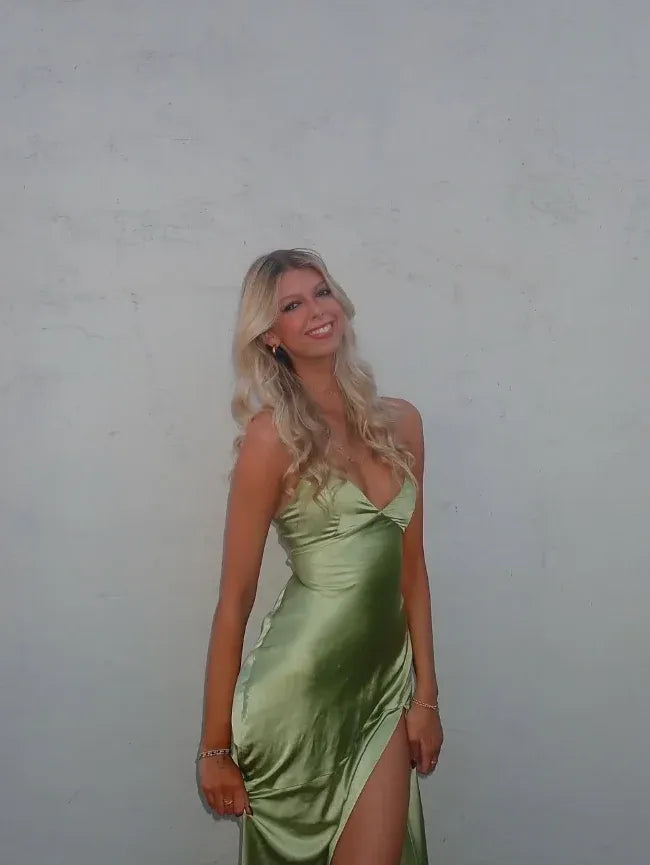 Olive Green Satin Spaghetti Strap High Slit Maxi Dress – Vacation Party Gown