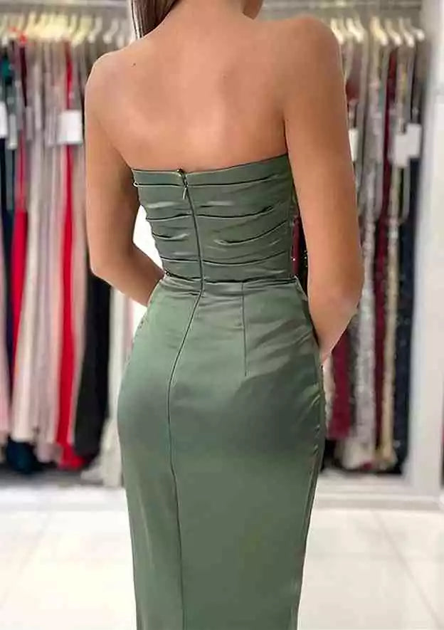 Olive Green Satin Strapless Mermaid Gown – Sophisticated & Modern Evening Party Dress