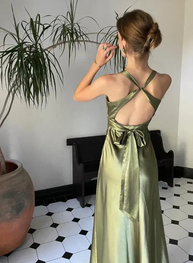 Olive Green Satin Twisted Bodice Open Back Gown
