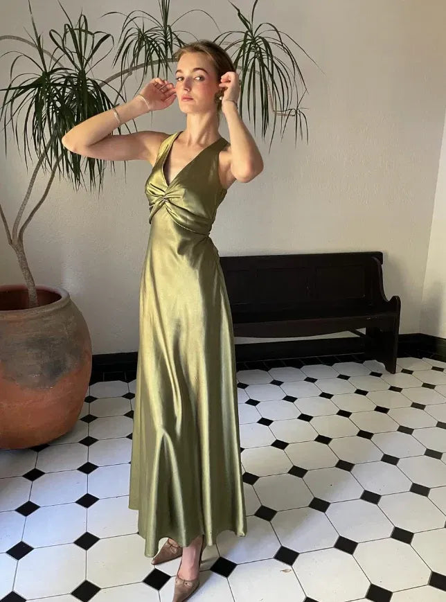 Olive Green Satin Twisted Bodice Open Back Gown