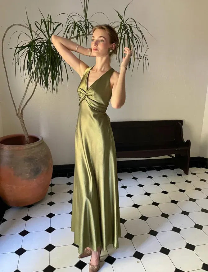 Olive Green Satin Twisted Bodice Open Back Gown