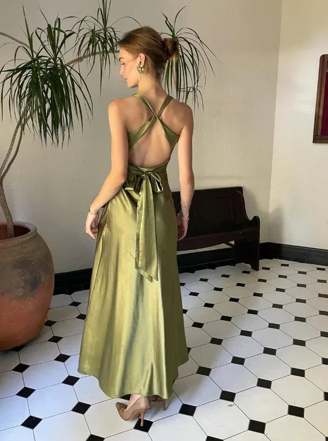 Olive Green Satin Twisted Bodice Open Back Gown