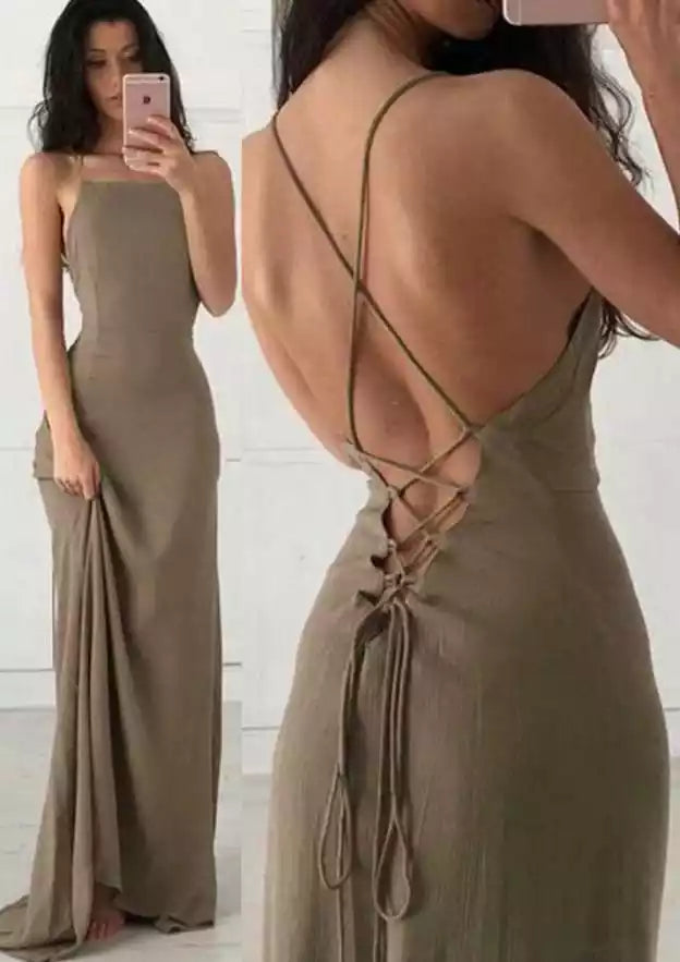 Olive Green Spaghetti-Strap Crisscross-Back Mermaid Gown – Minimalist & Alluring Evening Party Dress