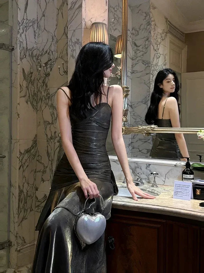 Olive Metallic Ruffle Mermaid Gown – Spaghetti Strap Ruched Formal Evening Dress