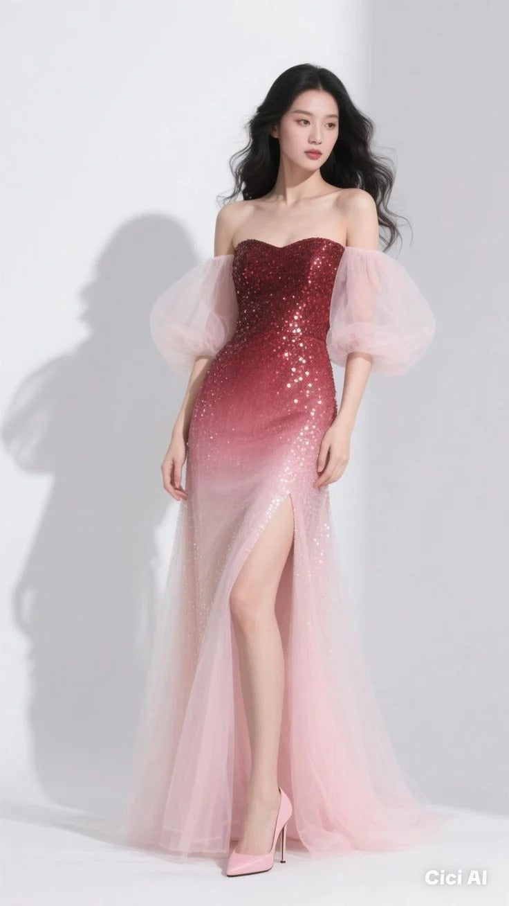Ombre Sequin Off-Shoulder Slit Maxi Dress