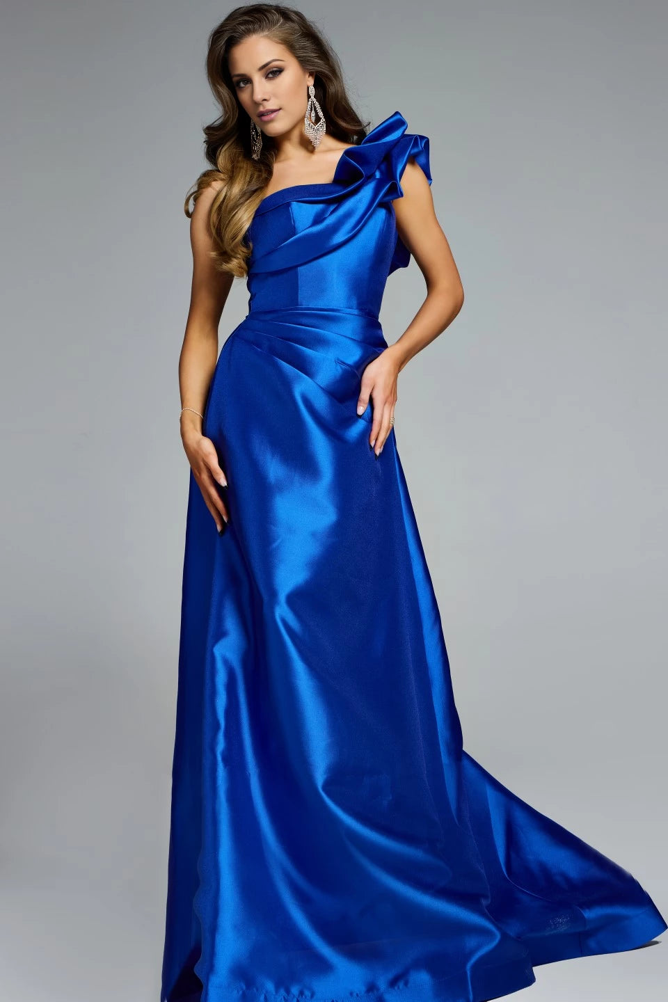 One-Shoulder A-Line Gown with Dramatic Ruffle Detail Evening Dresses
