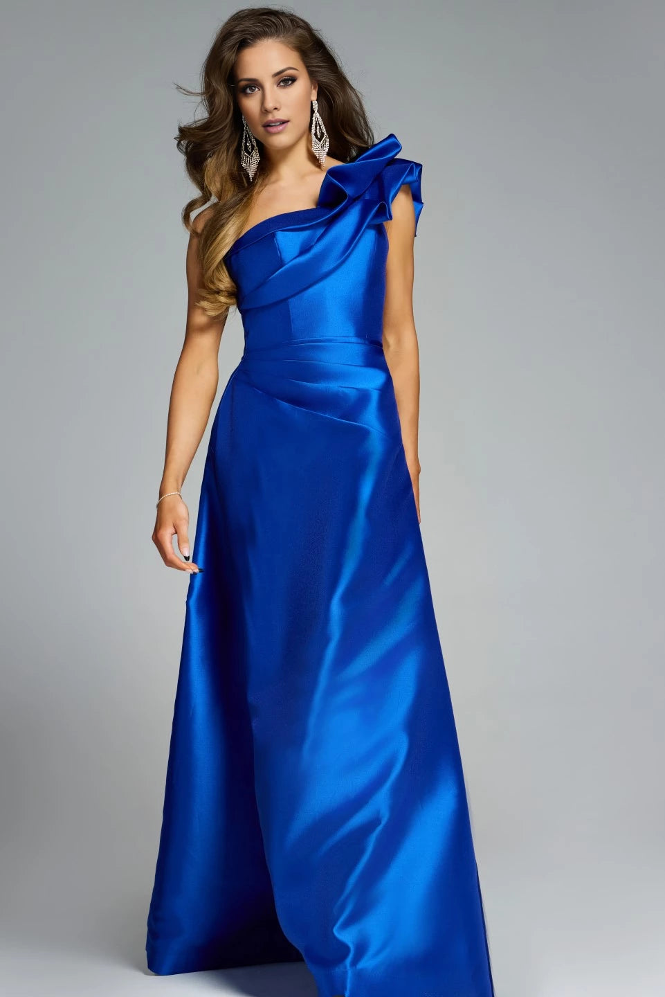 One-Shoulder A-Line Gown with Dramatic Ruffle Detail Evening Dresses