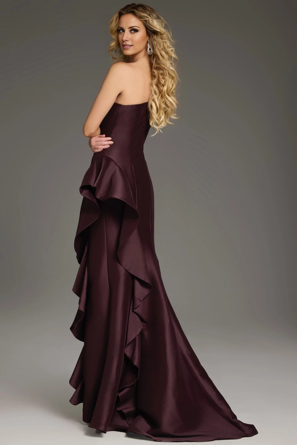 One-Shoulder Gown with Cascading Ruffle Detail Evening Dresses