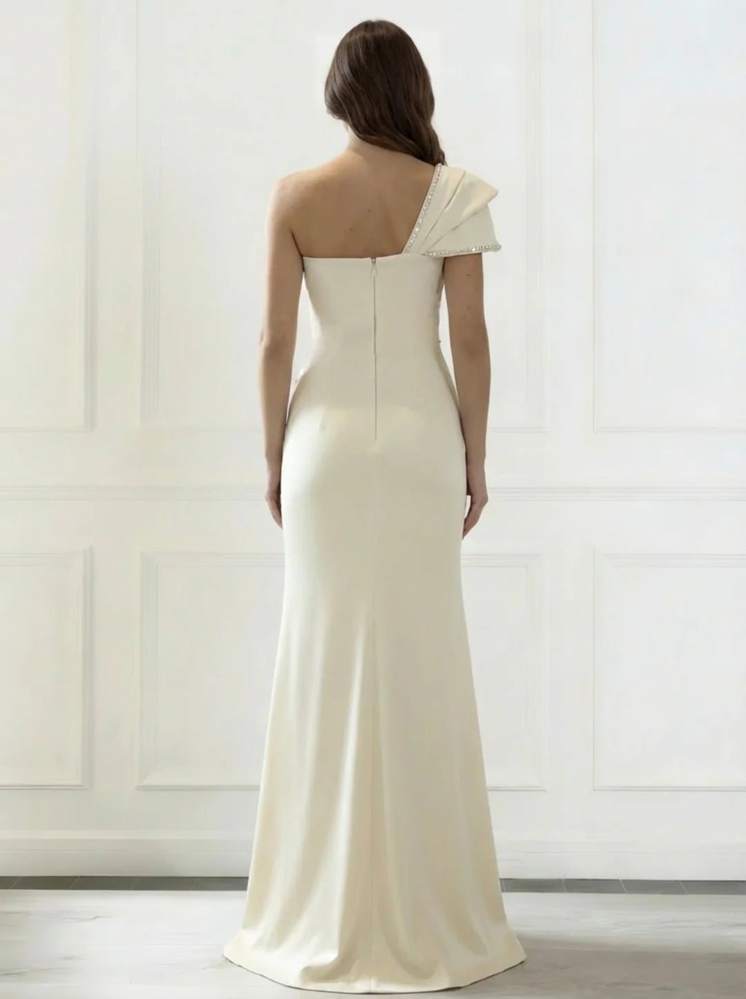 One-Shoulder Ruched Evening Dress with Beaded Trim, High Thigh Slit & Mermaid Silhouette
