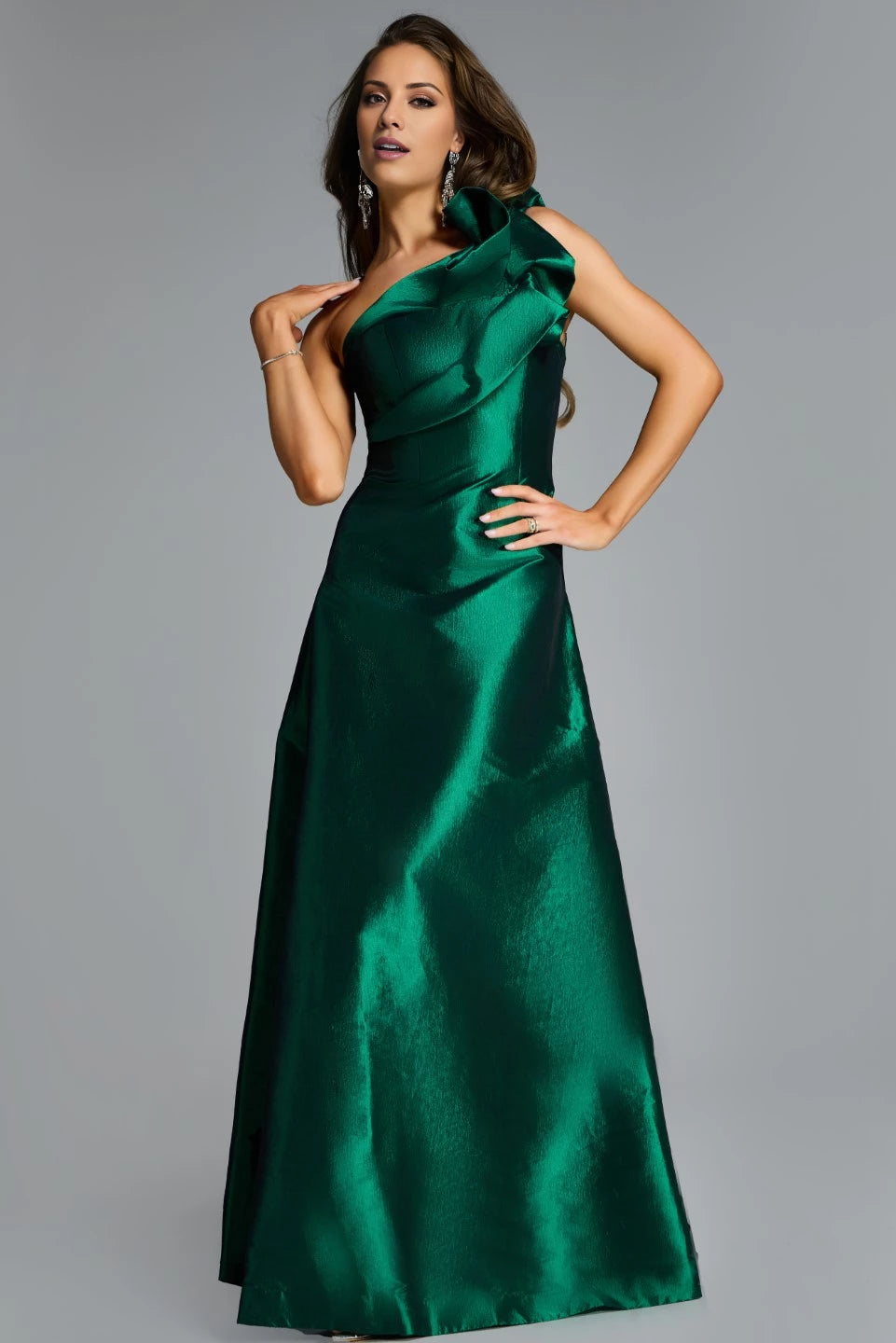 One-Shoulder Satin A-Line Gown with Ruffle Detail Evening Dresses