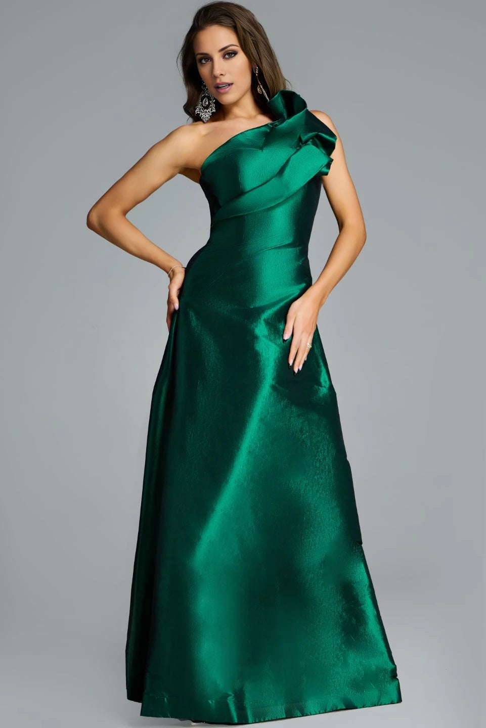 One-Shoulder Satin A-Line Gown with Ruffle Detail Evening Dresses
