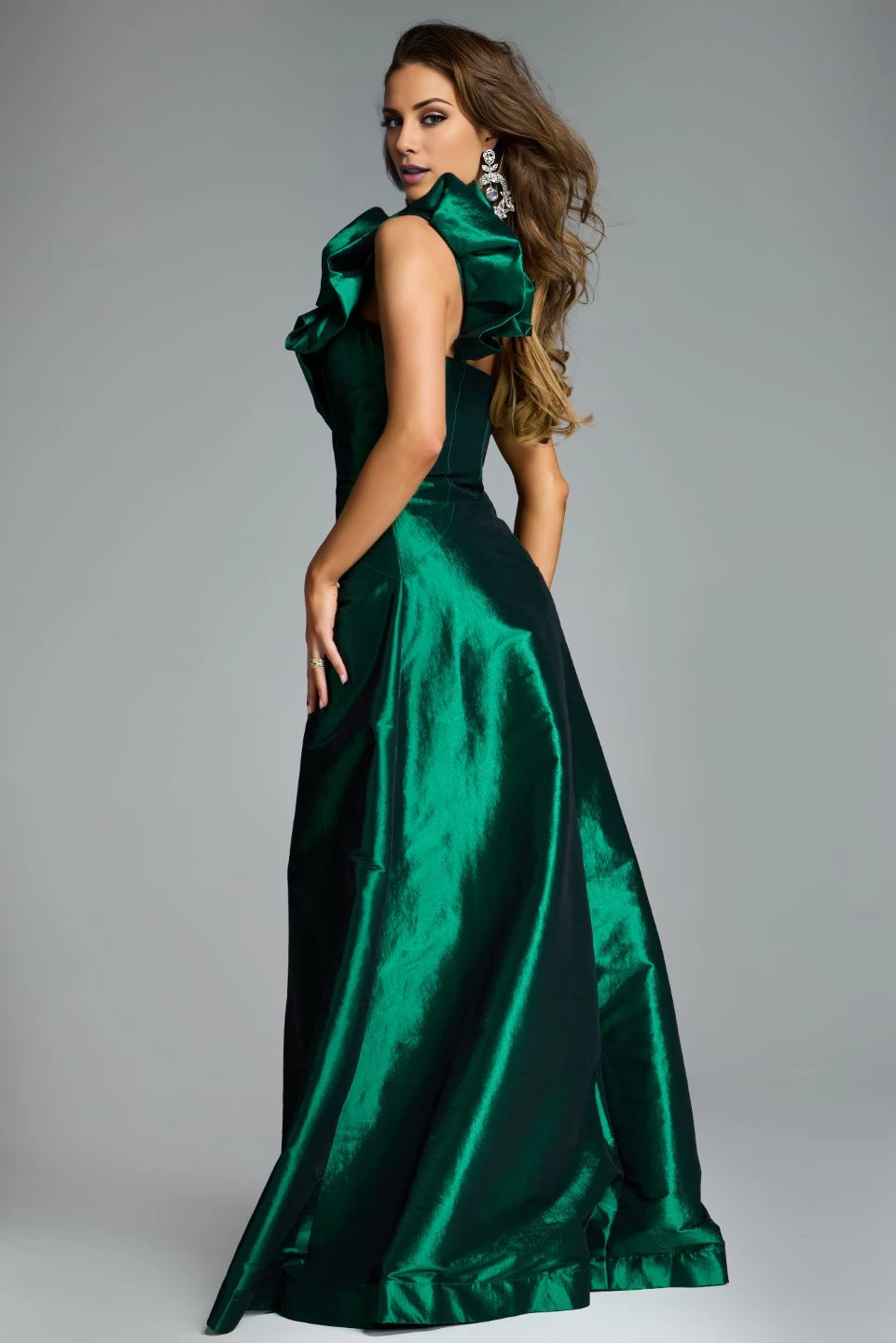 One-Shoulder Satin A-Line Gown with Ruffle Detail Evening Dresses