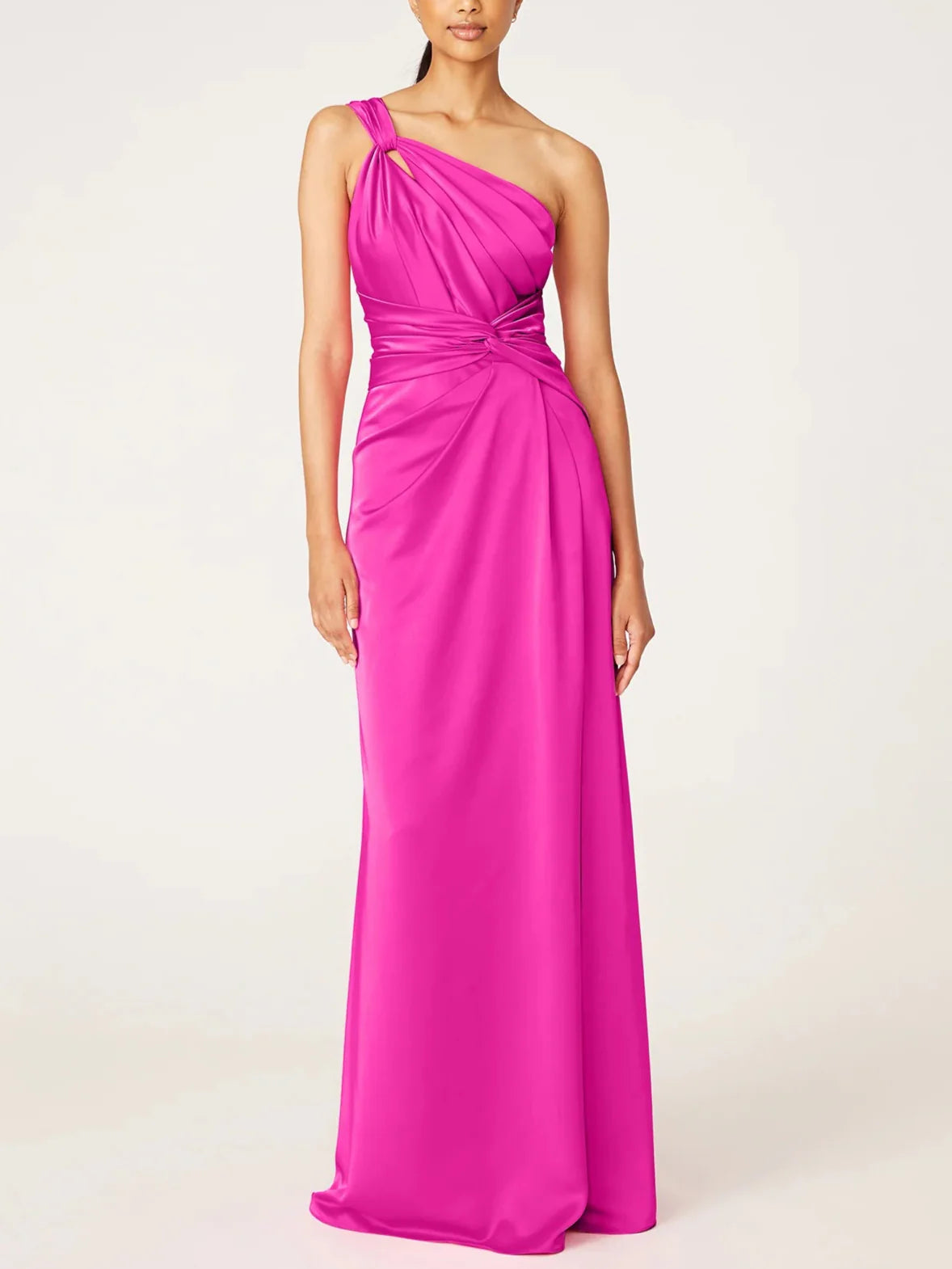 One-Shoulder Satin Evening Dresses with Knot Detail, Ruched Waist and Column Skirt Formal Gown