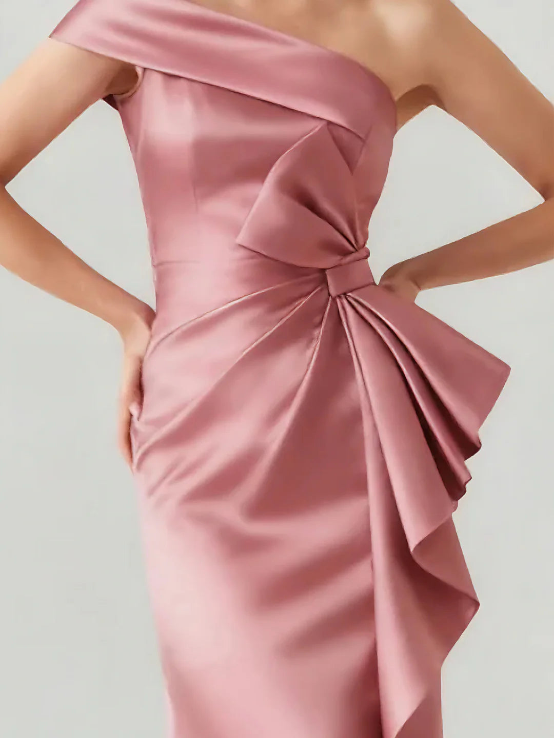 One-Shoulder Satin Evening Dress with Oversized Side Bow, Mermaid Silhouette & Floor-Length Hem