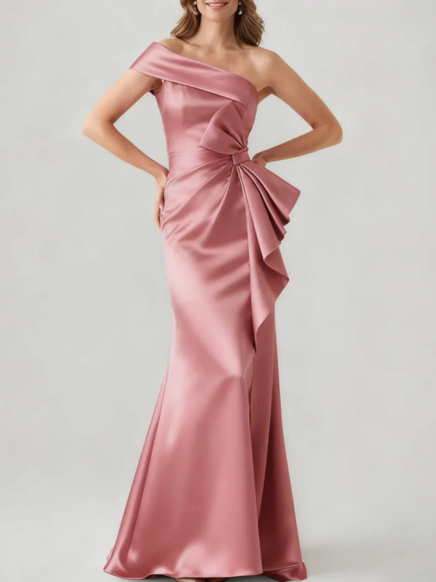 One-Shoulder Satin Evening Dress with Oversized Side Bow, Mermaid Silhouette & Floor-Length Hem