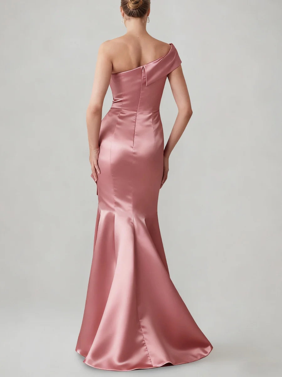 One-Shoulder Satin Evening Dress with Oversized Side Bow, Mermaid Silhouette & Floor-Length Hem