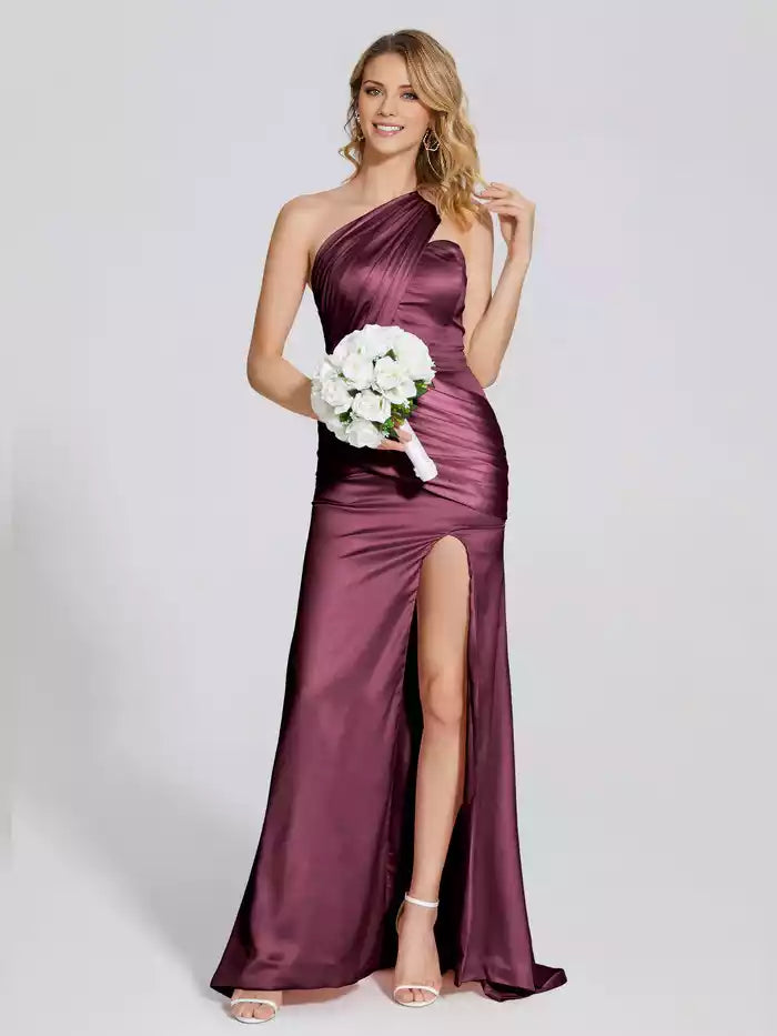 One Shoulder Split Fork Pleated Soft Satin Prom Dress With Attached Train
