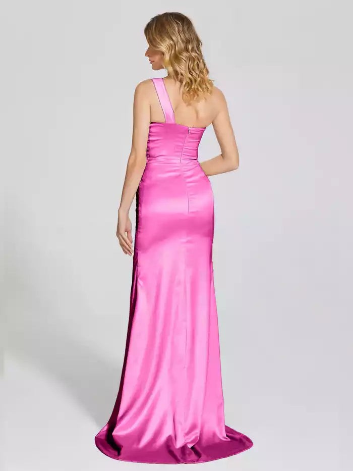 One Shoulder Split Fork Pleated Soft Satin Prom Dress With Attached Train