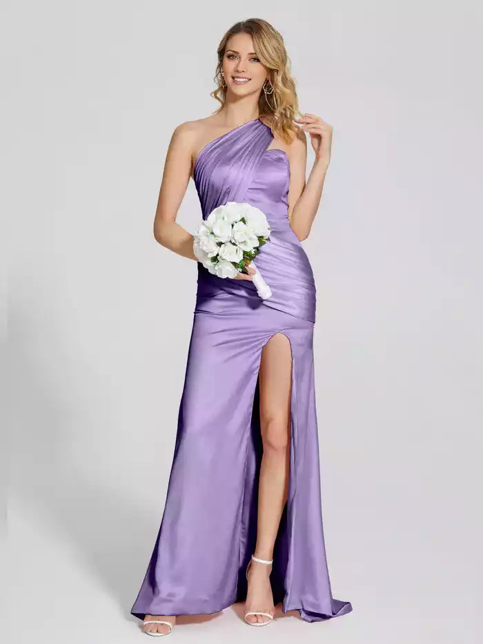 One Shoulder Split Fork Pleated Soft Satin Prom Dress With Attached Train