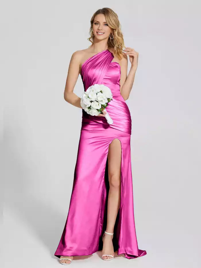 One Shoulder Split Fork Pleated Soft Satin Prom Dress With Attached Train