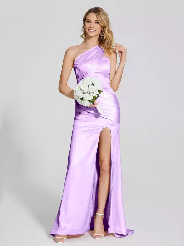One Shoulder Split Fork Pleated Soft Satin Prom Dress With Attached Train