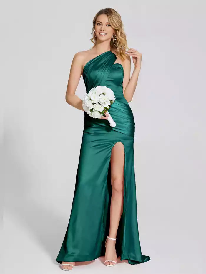 One Shoulder Split Fork Pleated Soft Satin Prom Dress With Attached Train