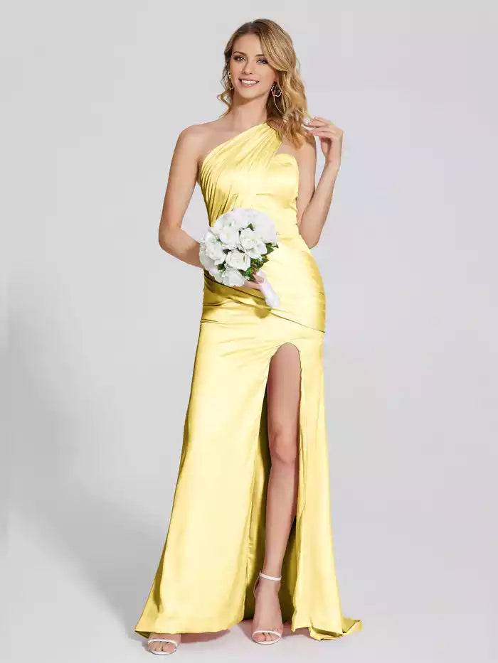 One Shoulder Split Fork Pleated Soft Satin Prom Dress With Attached Train
