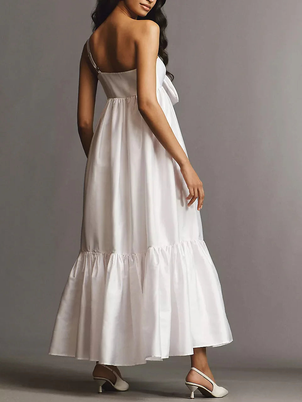One-Shoulder Taffeta Evening Dresses with Oversized Bow Detail, Tiered Ruffle Skirt and Midi-Length Formal Gown