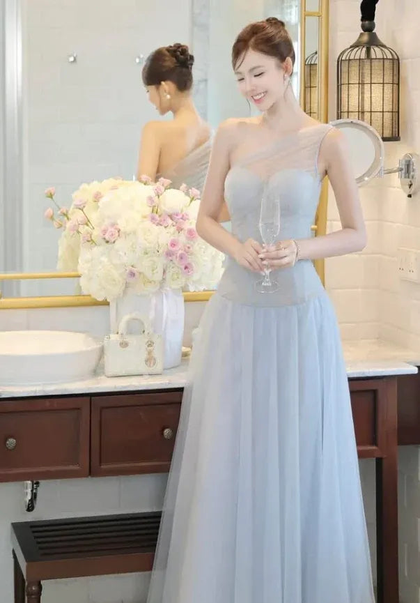 One-Shoulder Tulle Maxi Gown – Champagne & Dusty Blue Formal Bridesmaid Dress