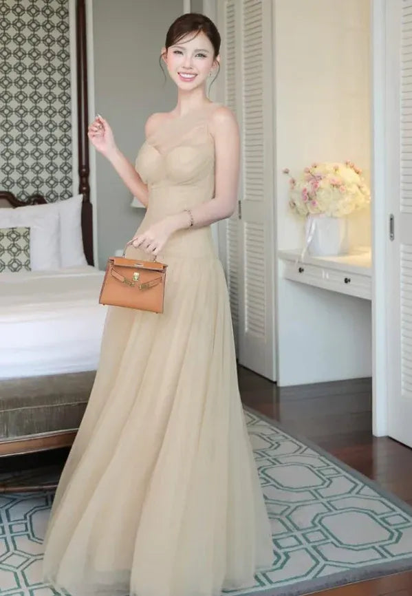 One-Shoulder Tulle Maxi Gown – Champagne & Dusty Blue Formal Bridesmaid Dress