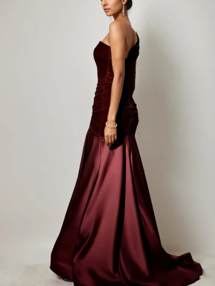 One-Shoulder Velvet & Satin Evening Dress with Ruched Bodice, Mermaid Silhouette & Cathedral Train