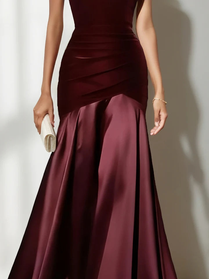 One-Shoulder Velvet & Satin Evening Dress with Ruched Bodice, Mermaid Silhouette & Cathedral Train