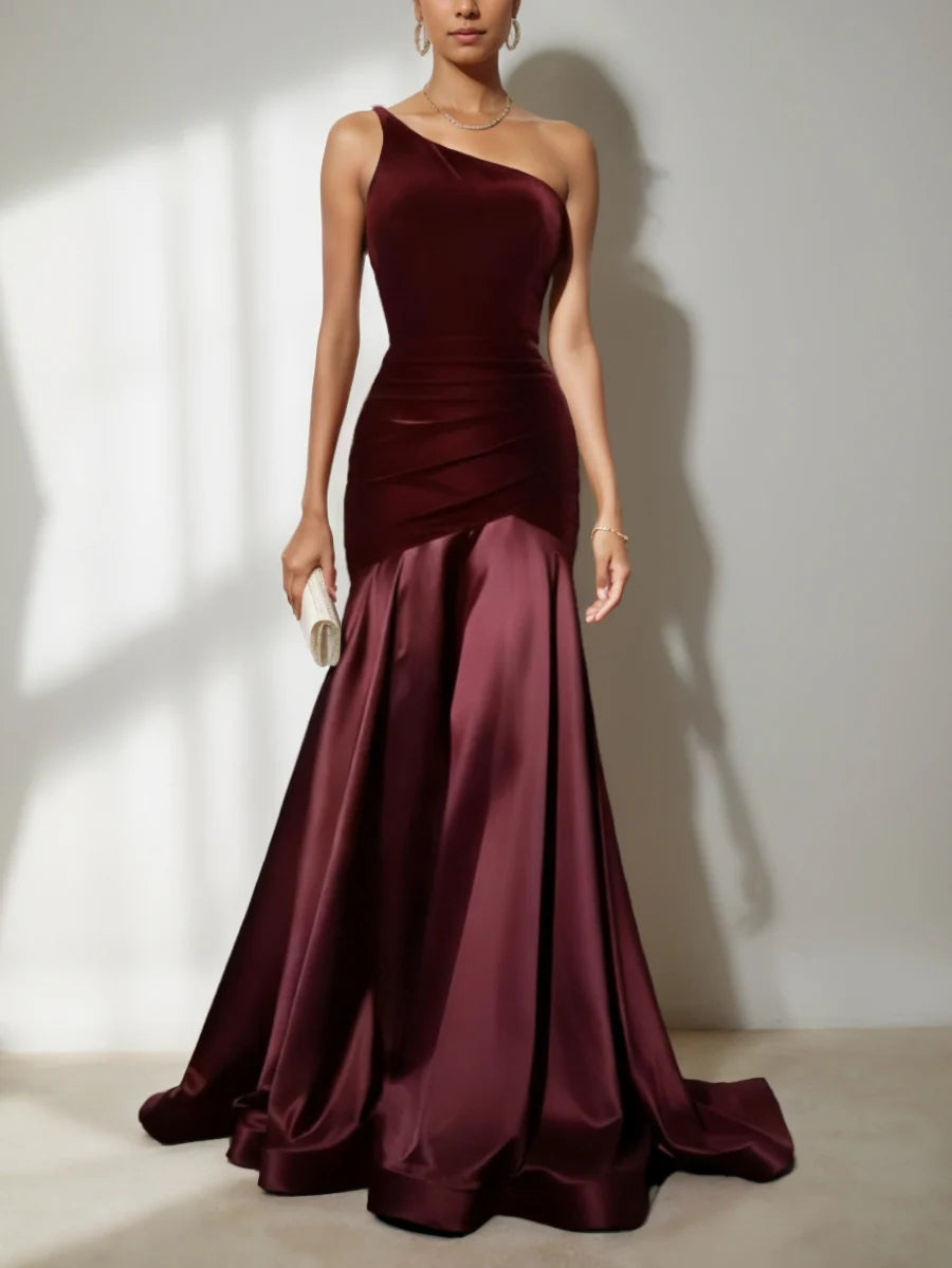 One-Shoulder Velvet & Satin Evening Dress with Ruched Bodice, Mermaid Silhouette & Cathedral Train