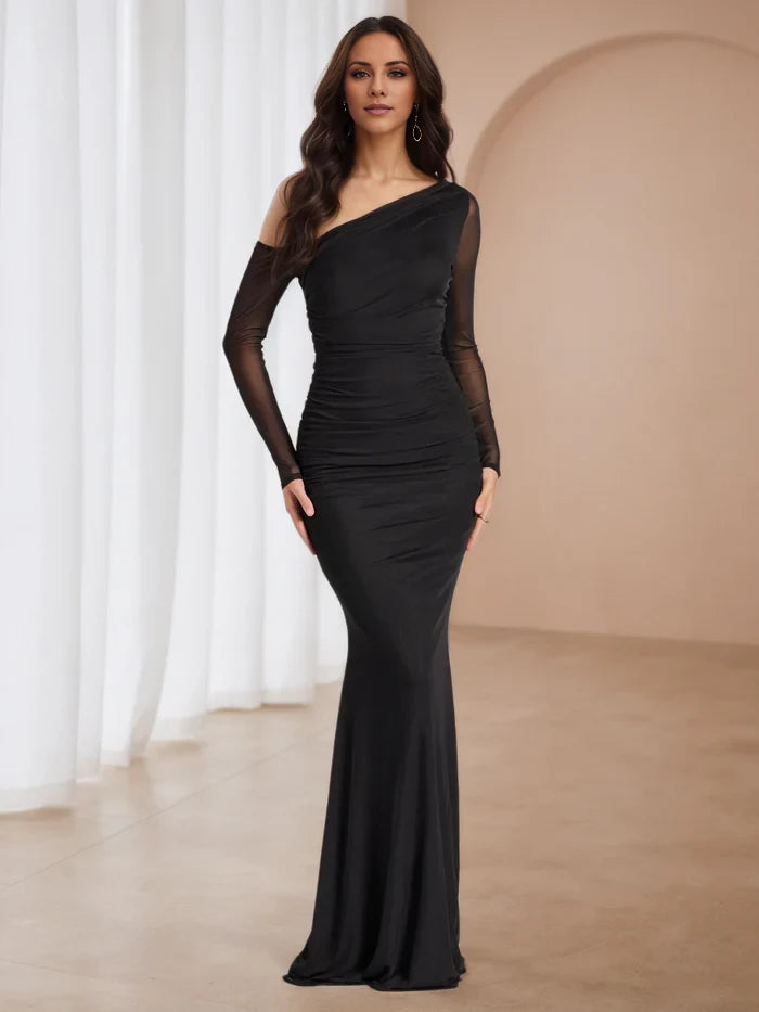 One Shoulder Black Dresses Long Sleeves Prom Dresses