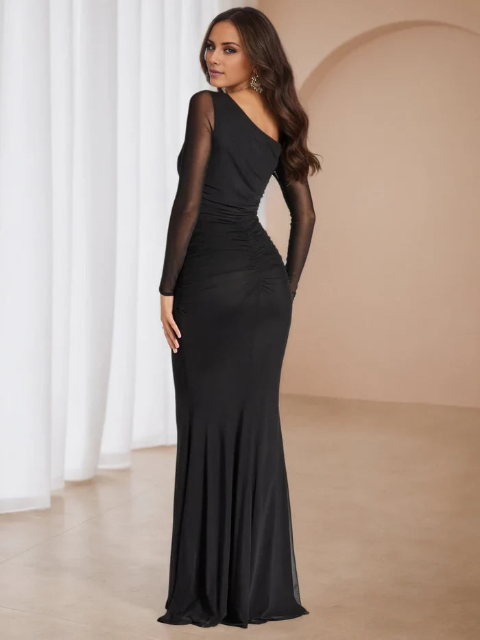 One Shoulder Black Dresses Long Sleeves Prom Dresses