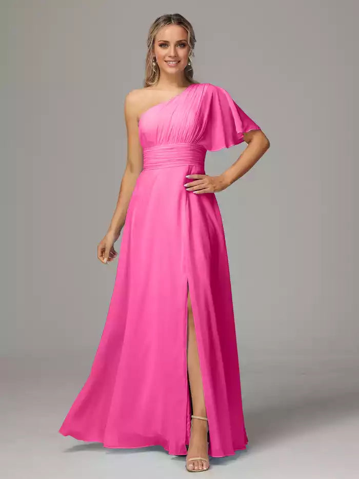 One Shoulder Chiffon Bridesmaid Dresses With Slit