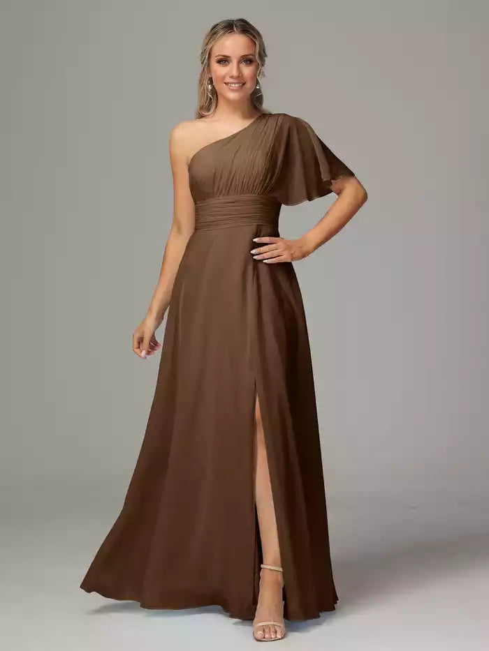 One Shoulder Chiffon Bridesmaid Dresses With Slit