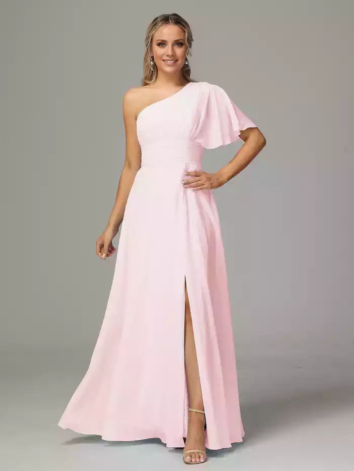 One Shoulder Chiffon Bridesmaid Dresses With Slit