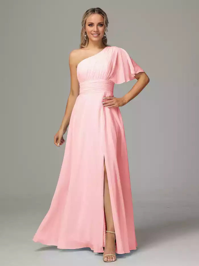 One Shoulder Chiffon Bridesmaid Dresses With Slit