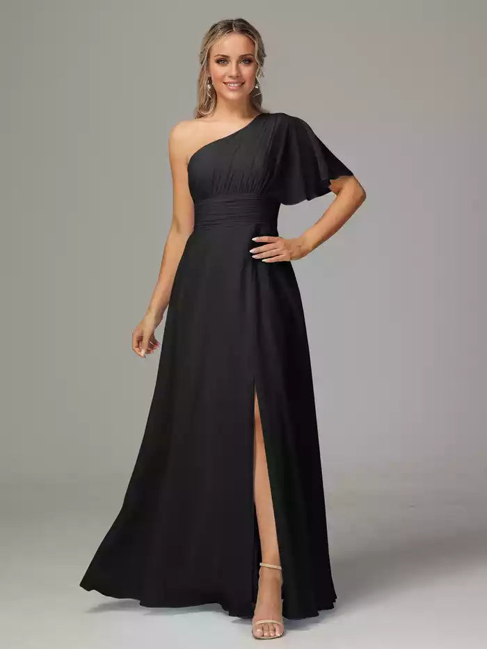 One Shoulder Chiffon Bridesmaid Dresses With Slit