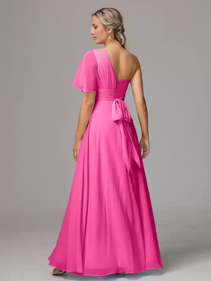One Shoulder Chiffon Bridesmaid Dresses With Slit
