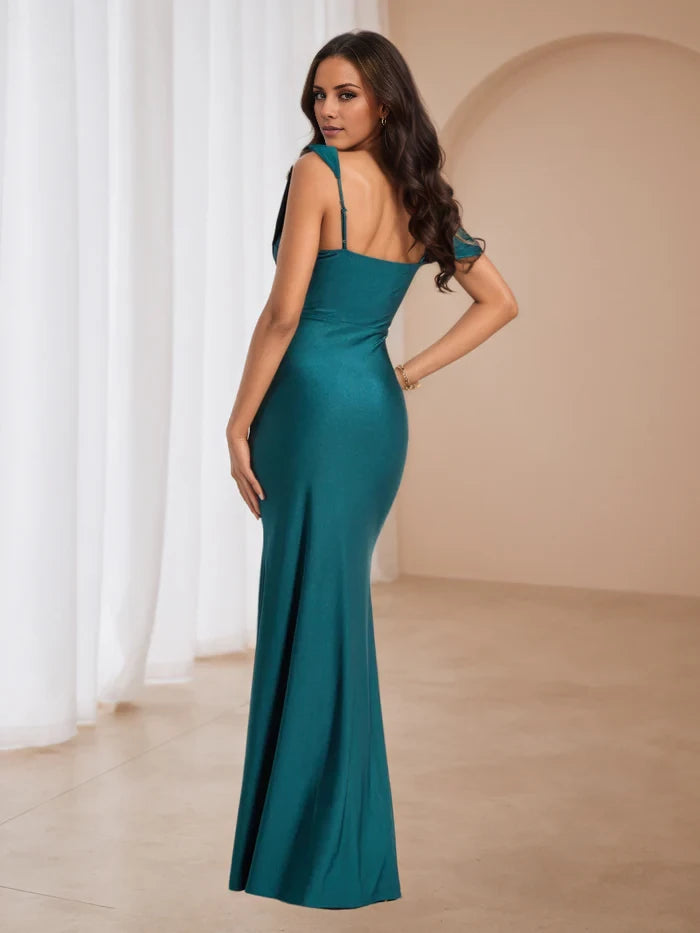 One Shoulder Cowl Neck Mermaid Ink Blue Prom Dresses