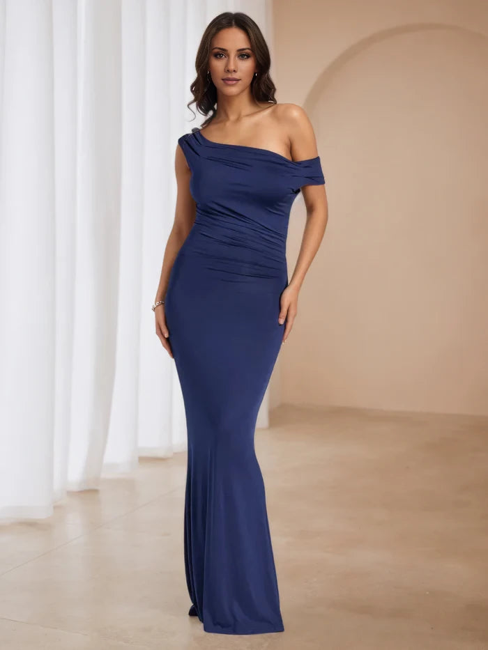 One Shoulder Dark Navy Prom Dresses