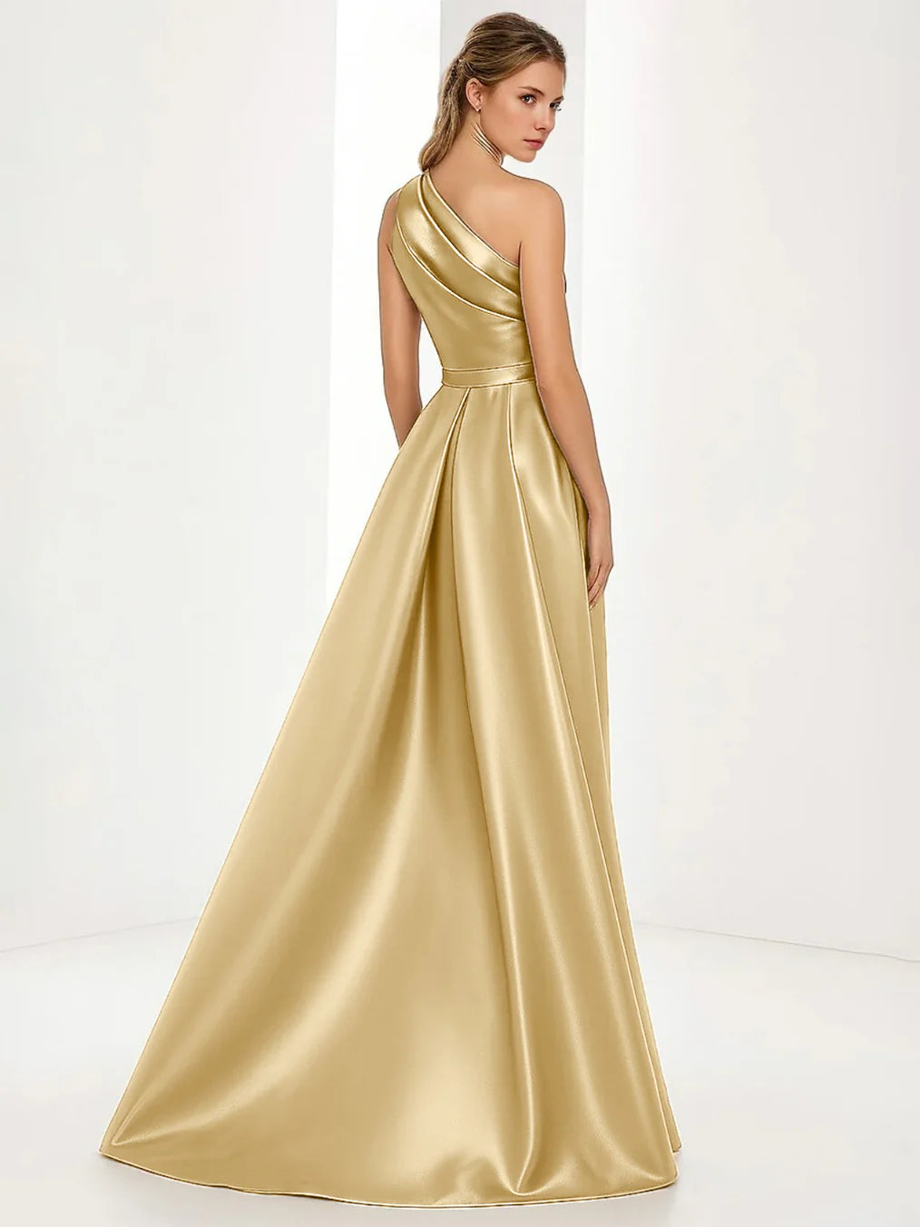 One Shoulder Metallic Satin Evening Dress Ruched High Slit A Line Formal Gown