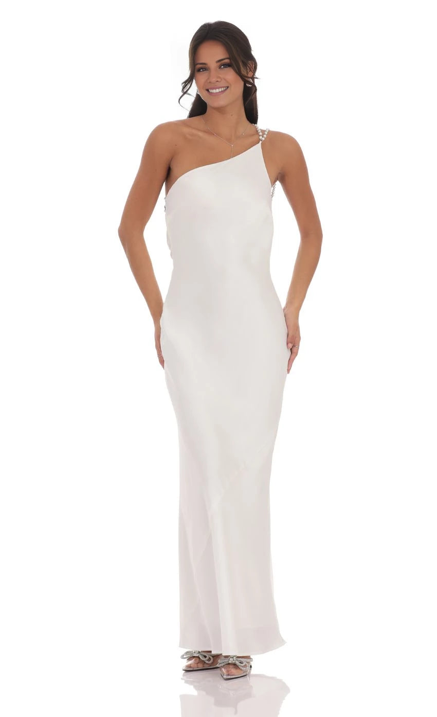 One Shoulder Pearl Satin Maxi Dress Prom Dresses